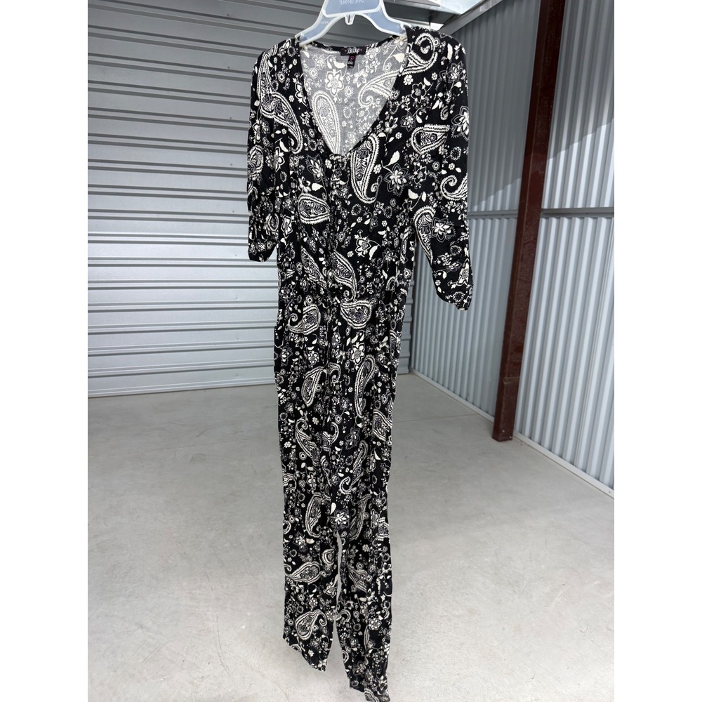 Be Bop Womens Black White Paisley V-Neck Jumpsuit Pockets Size Small